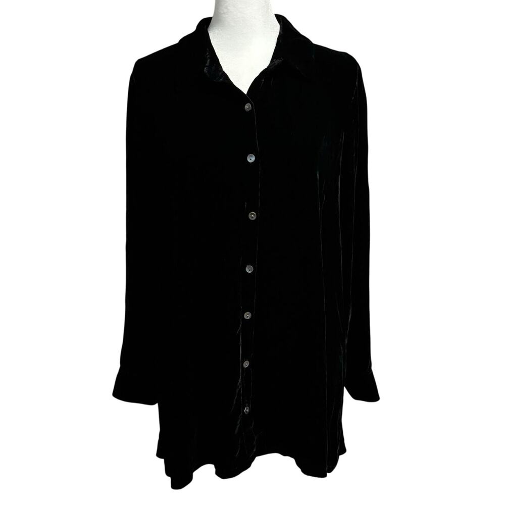 J Jill Size M Black Velvet Button Up Blouse Top Shirt Goth Whimsygoth Silk Blend